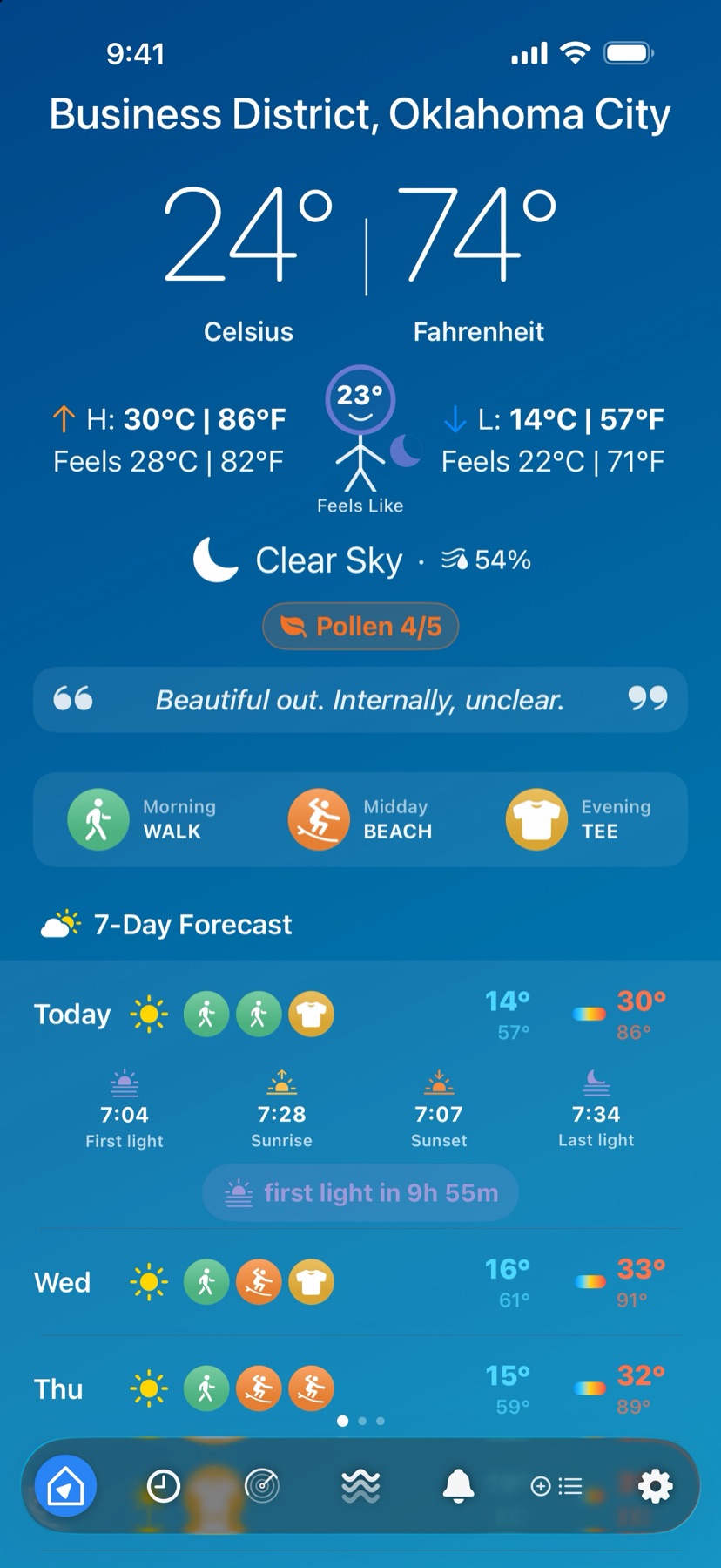 -40 Weather screenshot: Current conditions in °C and °F