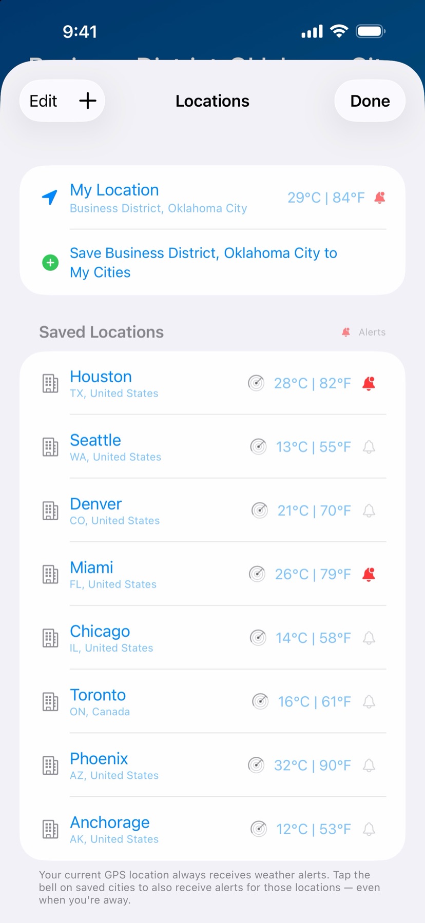 -40 Weather screenshot: Saved locations & alerts