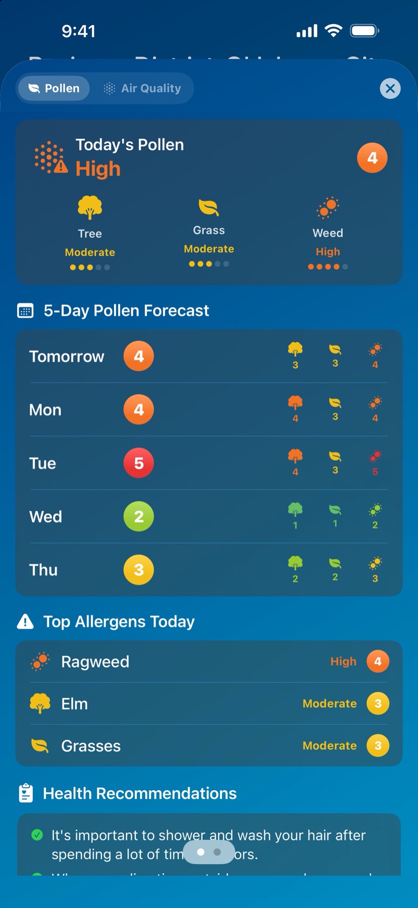 -40 Weather screenshot: Pollen & air quality