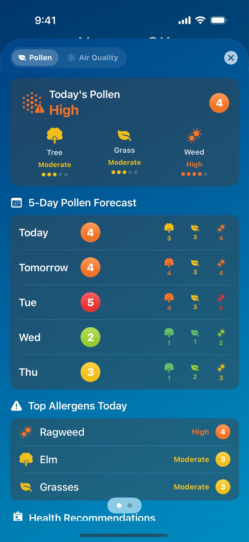 -40 screenshot: Pollen & air quality