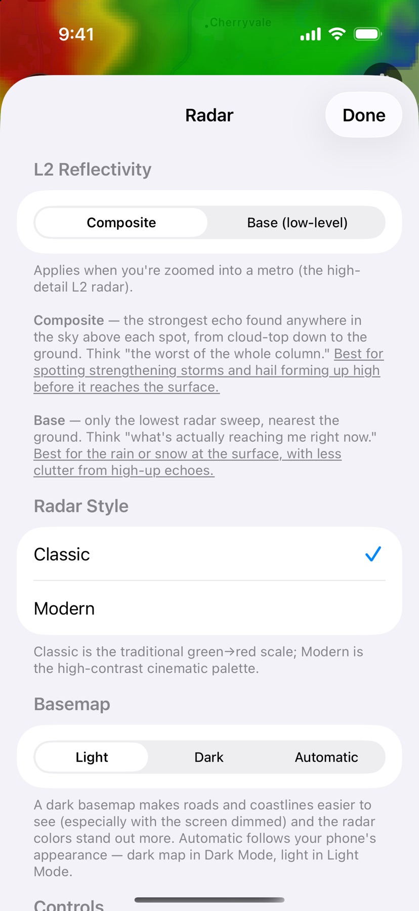 -40 screenshot: Radar settings