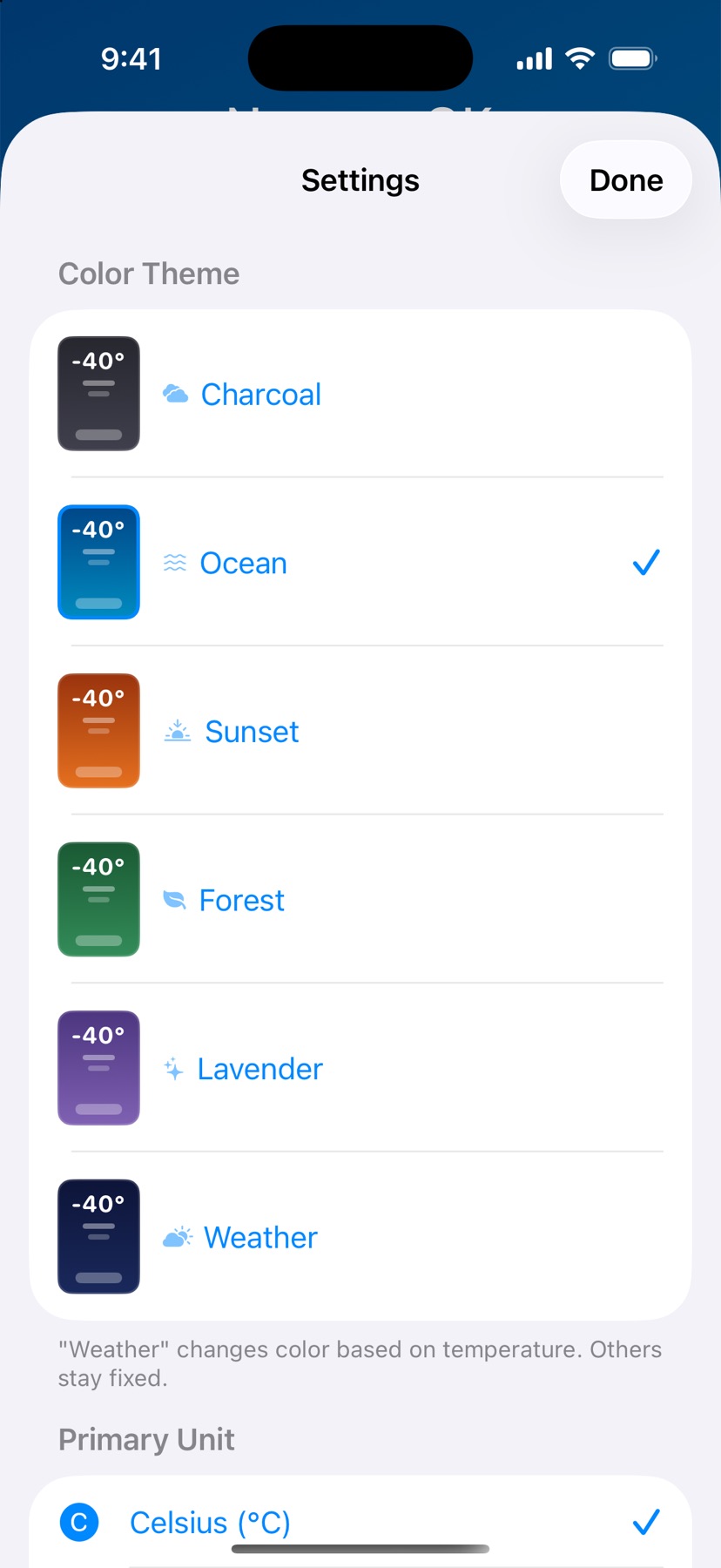 -40 screenshot: Themes & units