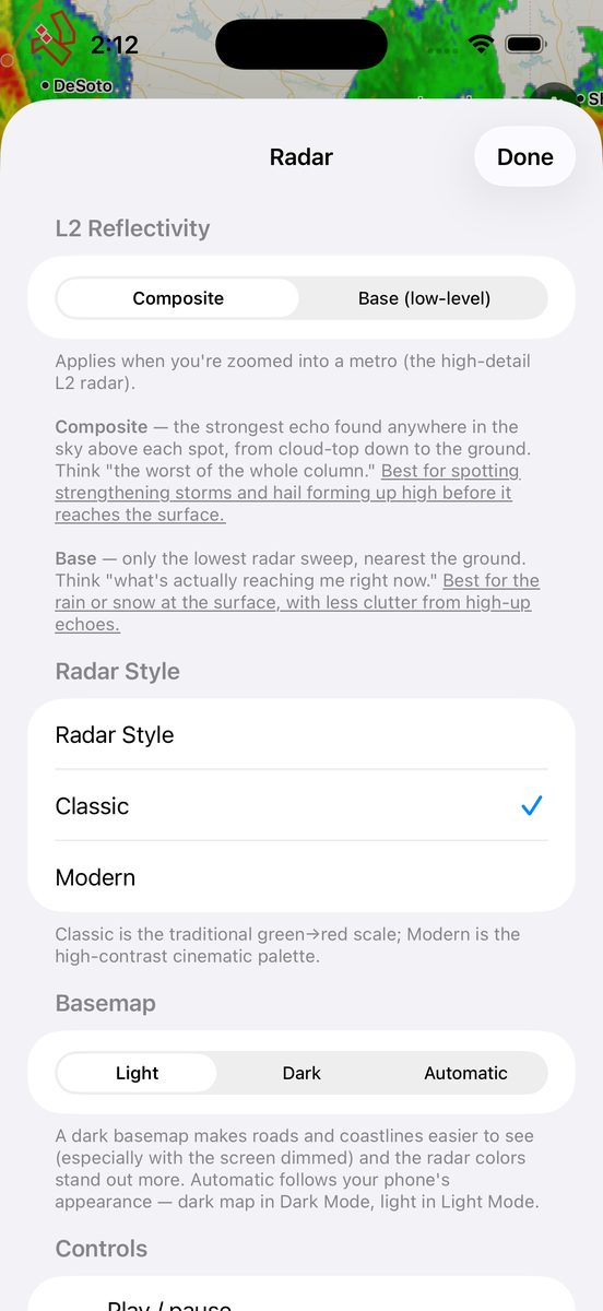 -40 screenshot: Radar settings
